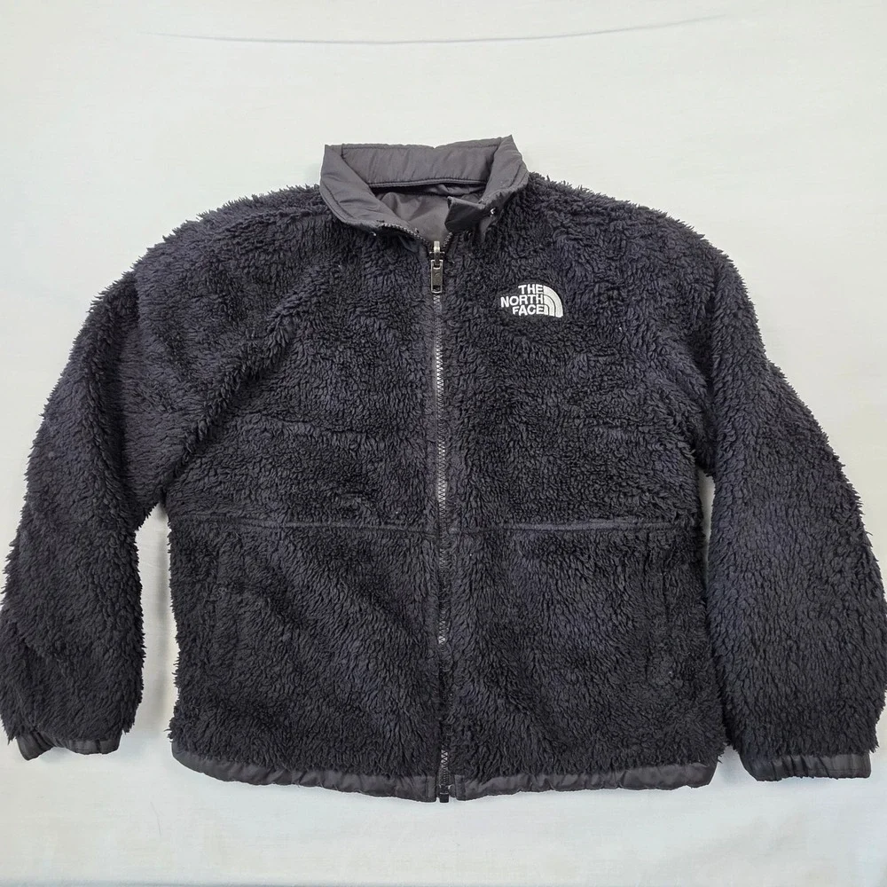 The North Face Reversible Fleece Puffer Jacket Kids Youth Sz L Black Logo Winter